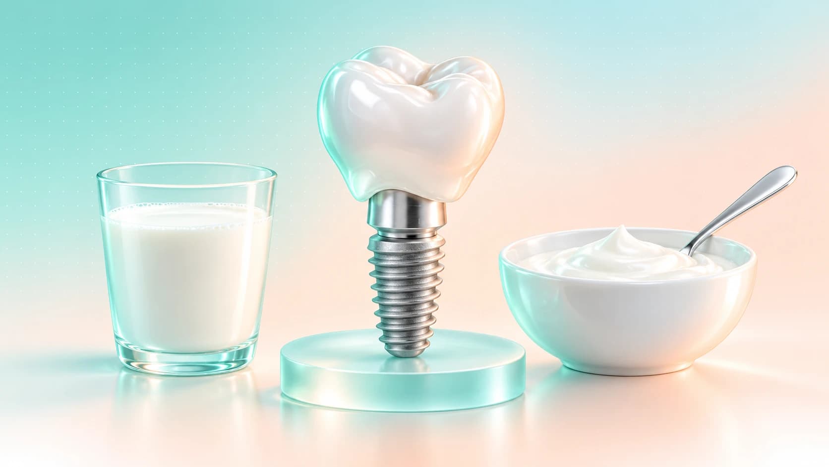 Dental implant model standing between a glass of milk and a bowl of yogurt