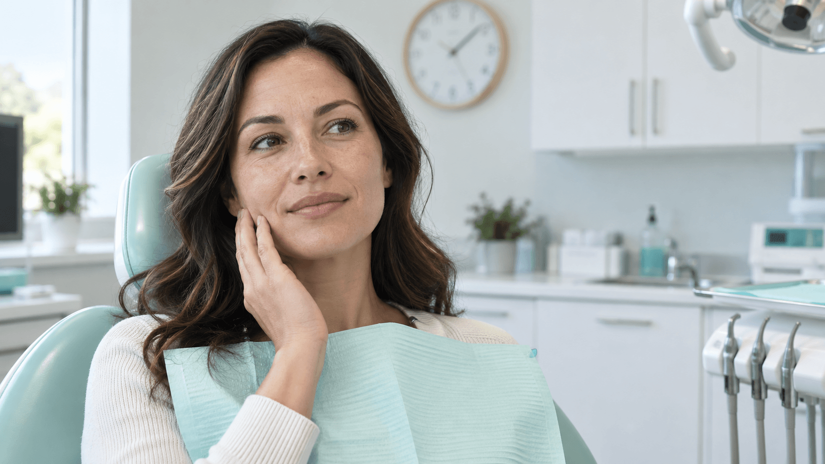 Patient in a dental chair touching her cheek while waiting for the numbness to wear off