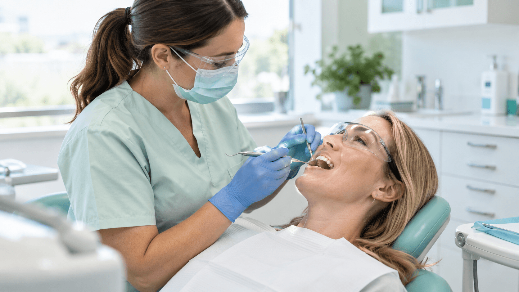Hygienist examining a patient's teeth with a dental mirror and probe during a cleaning