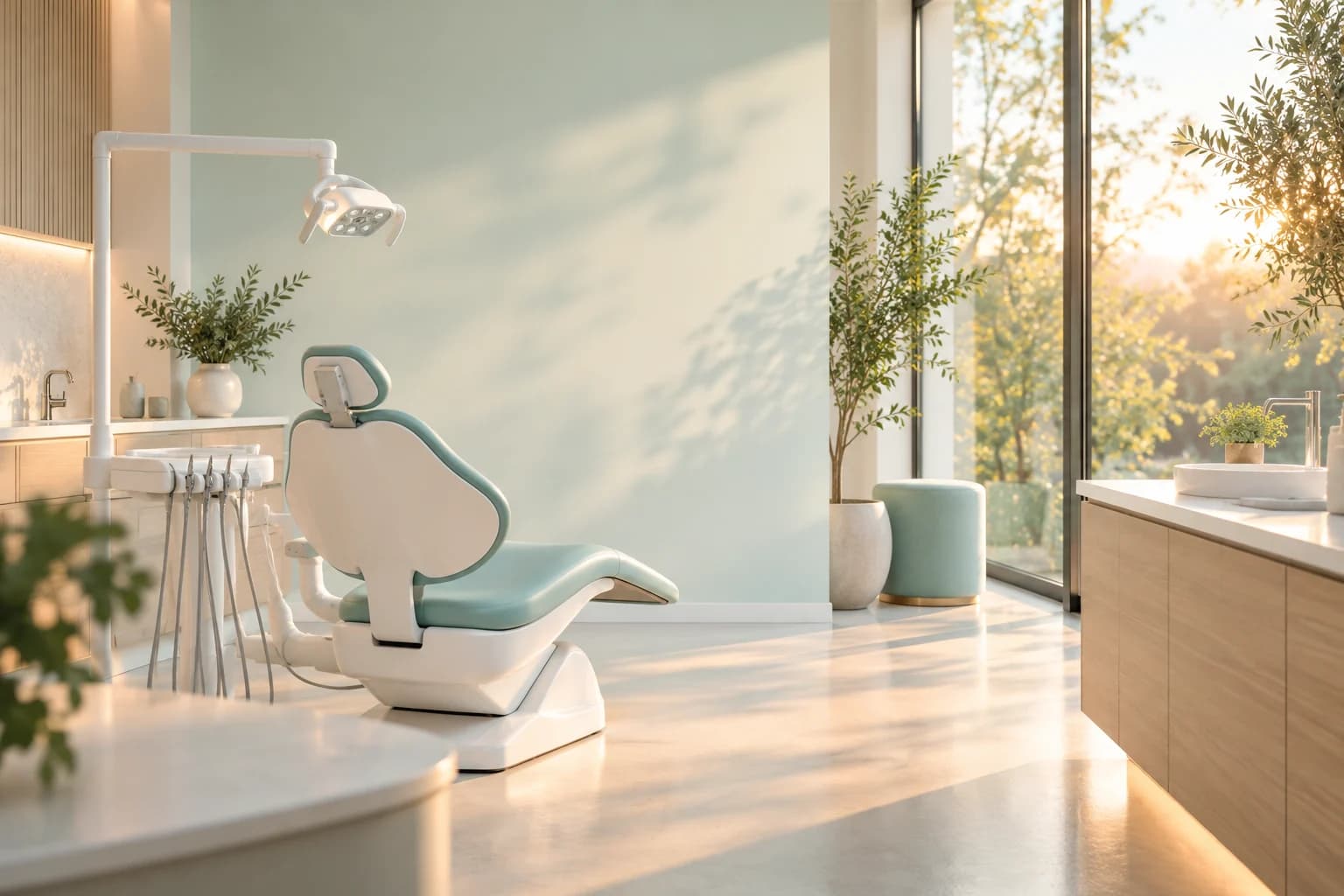 A calm, sunlit treatment room with a mint dental chair