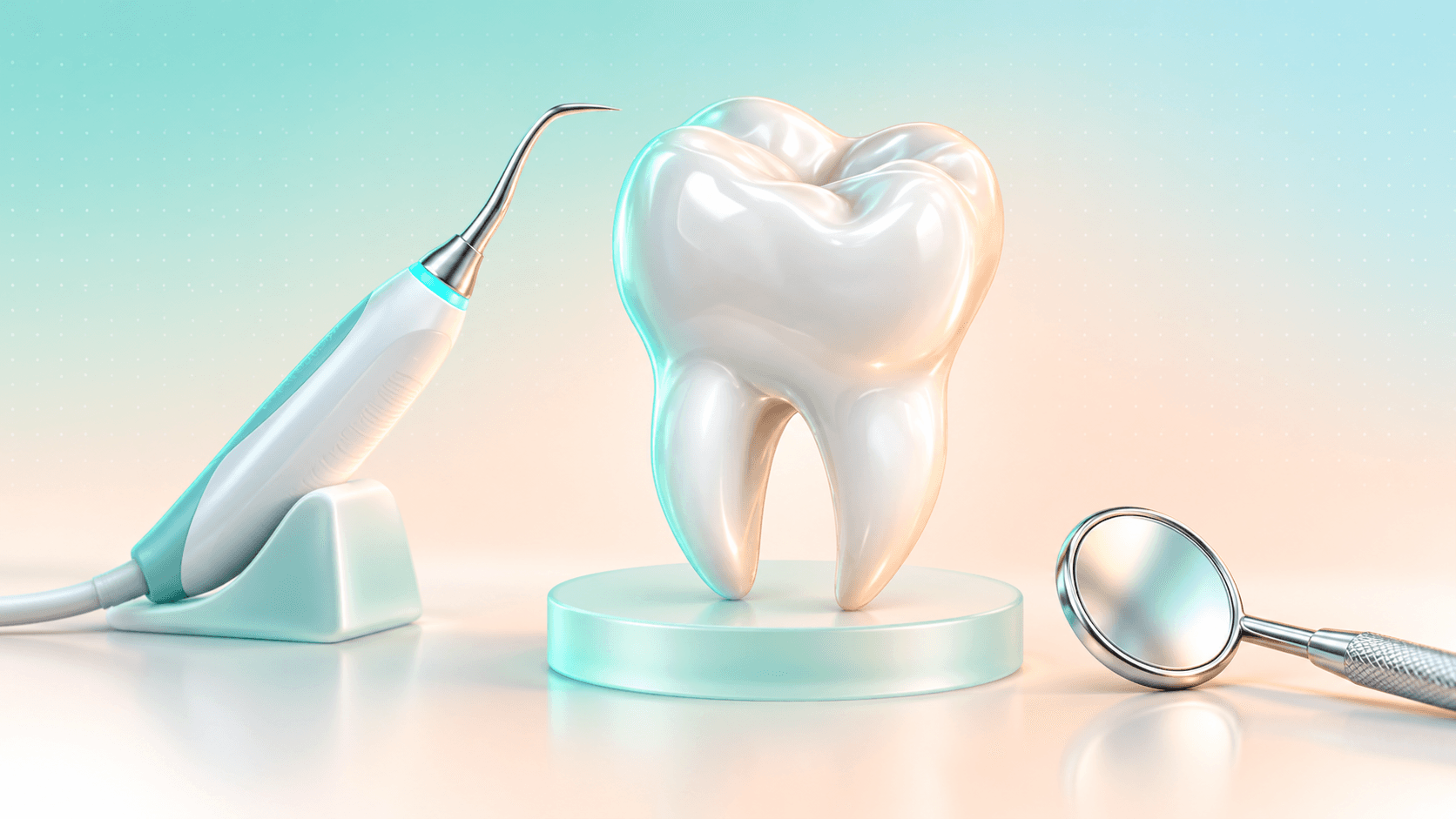 Pearlescent natural tooth model beside an ultrasonic scaler and dental mirror on a mint and peach background.