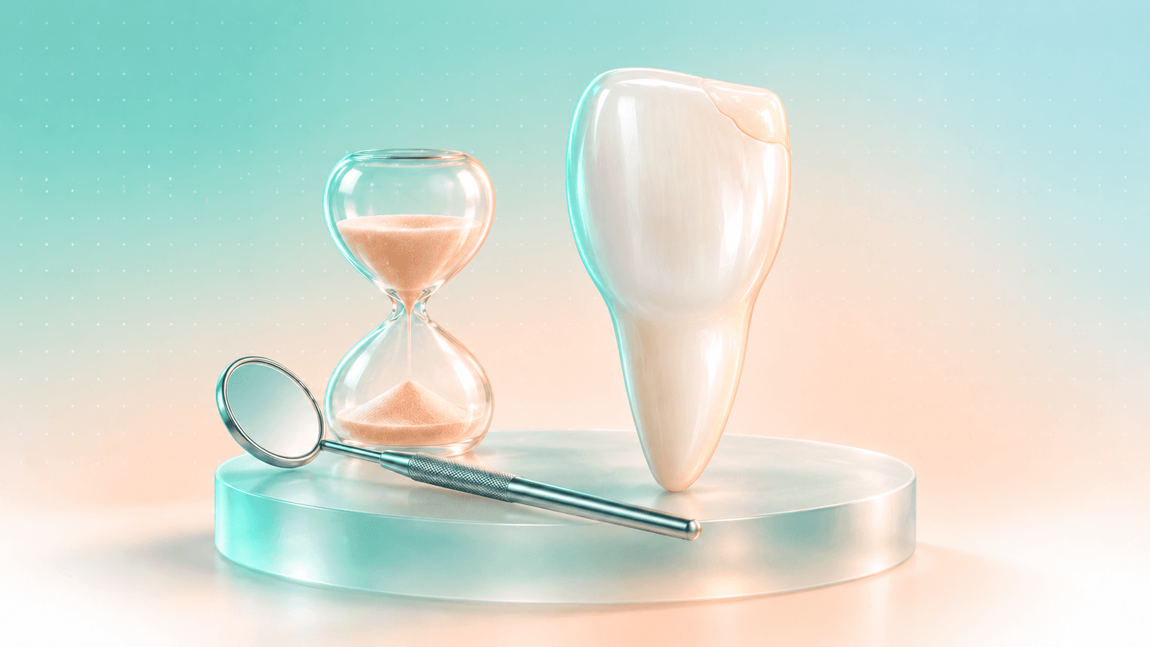 Pearlescent front-tooth model with a small corner repair beside a glass hourglass and dental mirror on a mint and peach background.