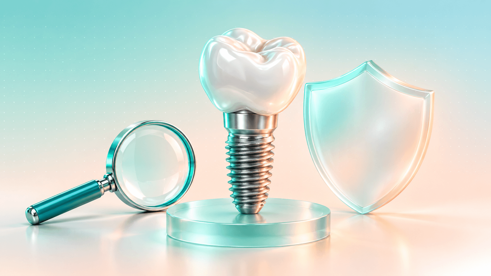 Pearlescent dental implant beside a translucent shield and magnifying glass on a mint and peach background.